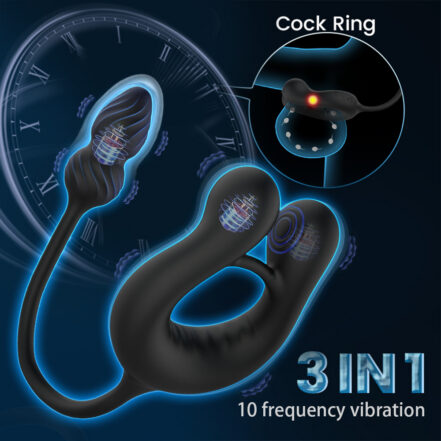 3-in-1 sex toy with a ring and connected wand, highlighting 10 vibration modes and a close-up inset of the cock ring function.