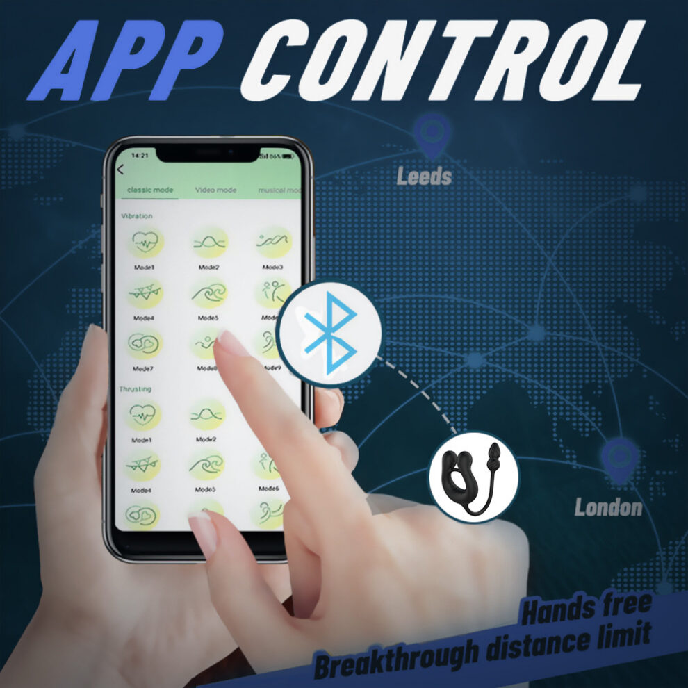Smartphone screen showing app control icons with a Bluetooth symbol overlay as a hand taps the screen, set against a world-map background and 'APP CONTROL' heading.