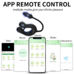 Ad for an app-controlled sex toy: a black curved wearable device with blue accents above a smartphone showing modes like Classic, Music, Shake, and Interactive.