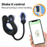 App-controlled vibrating sex toy with a ring-shaped component and a smartphone control screen.",