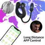 Dual-stem remote-control sex toy linked to a smartphone app for long-distance use, set against a world-map background with circular portraits insets.