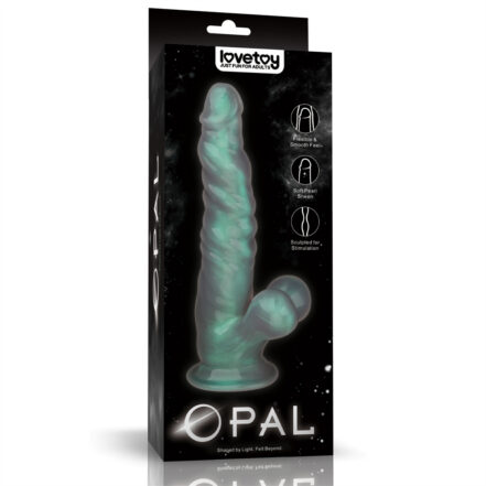 Green translucent dildo with a curved shaft shown on black Lovetoy OPAL packaging against a starry background.