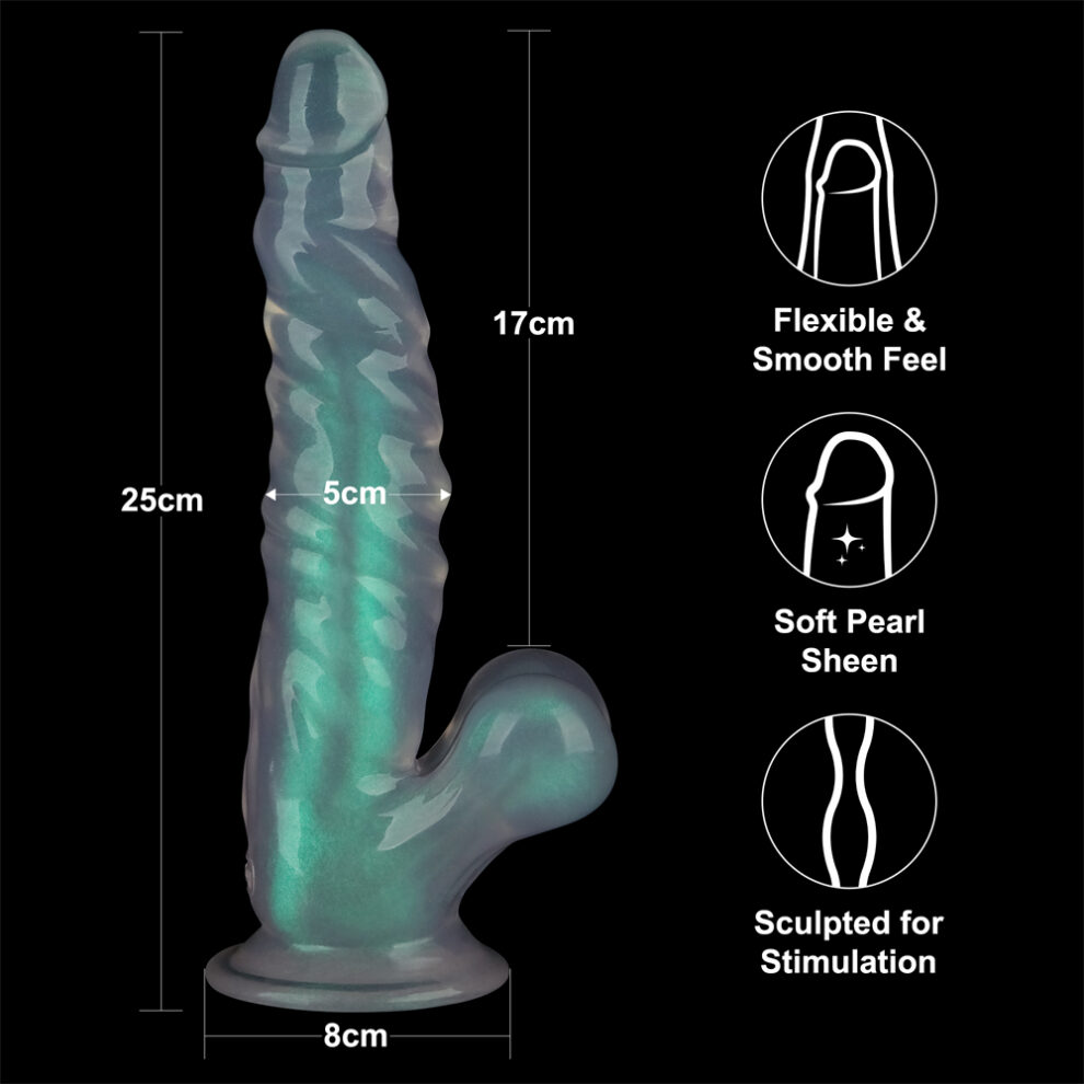 Teal-gradient dildo, 17 cm long with 5 cm diameter and 8 cm base; described as flexible, smooth with a soft pearl sheen, sculpted for stimulation.