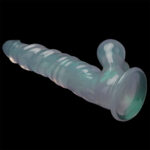 Translucent blue-green glass dildo with a ribbed shaft and bulbous head on a black background.