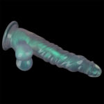 Translucent teal silicone dildo with a ribbed shaft and two rounded nubs near the base, resting on a black background.