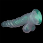 Translucent teal silicone dildo with ribbed shaft and suction cup on a black background.