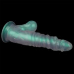 Green translucent silicone dildo with a ribbed shaft and suction base on a black background.