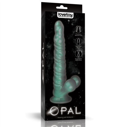 Mint-green ribbed vibrator with a curved base shown on a black space-themed box labeled Opal by Lovetoy.