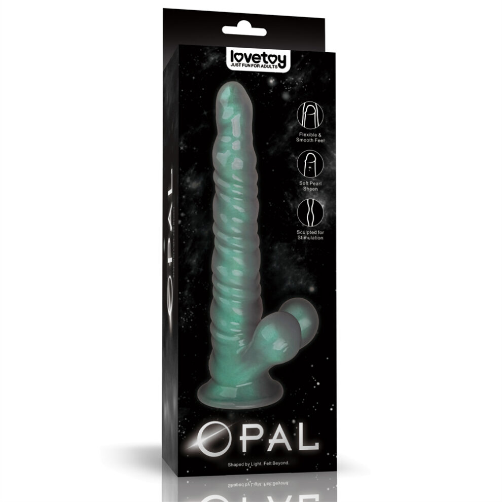 Mint-green ribbed vibrator with a curved base shown on a black space-themed box labeled Opal by Lovetoy.