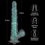 Flexible silicone dildo with flared base; 27.5 cm tall, 18.5 cm insertable, 4.4 cm diameter; smooth, pearl-sheen finish; sculpted for stimulation