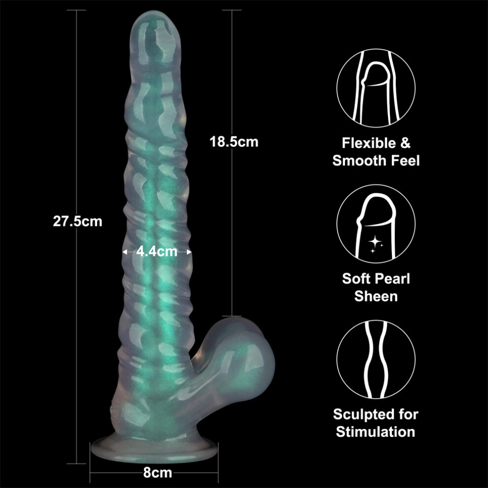 Flexible silicone dildo with flared base; 27.5 cm tall, 18.5 cm insertable, 4.4 cm diameter; smooth, pearl-sheen finish; sculpted for stimulation