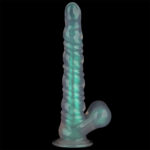 Blue-green glow dildo with ribbed shaft and suction base on a black background, upright stance.]','Dildo with a ribbed shaft and curved base, illuminated blue-green color against a dark backdrop.