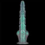 Translucent green ribbed dildo with a rounded tip and suction-base standing upright on a black background.