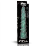 Product packaging for an emerald-green twisted dildo labeled 'Opal' by Lovetoy; tall black box with space theme background.