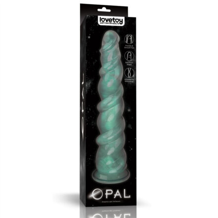 Product packaging for an emerald-green twisted dildo labeled 'Opal' by Lovetoy; tall black box with space theme background.
