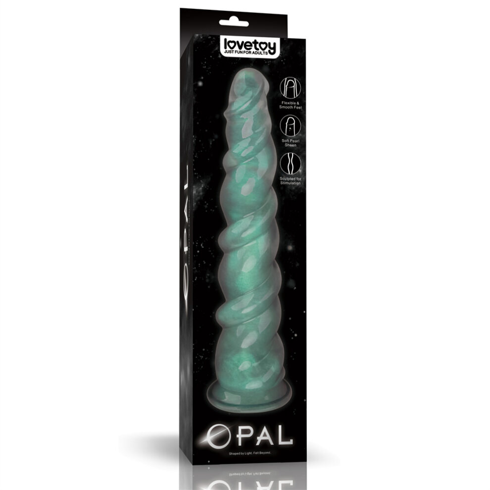 Product packaging for an emerald-green twisted dildo labeled 'Opal' by Lovetoy; tall black box with space theme background.