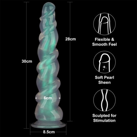 Twisted teal dildo, 30 cm long, 6 cm diameter, 8.5 cm base; flexible, smooth feel with a soft pearl sheen, sculpted for stimulation.