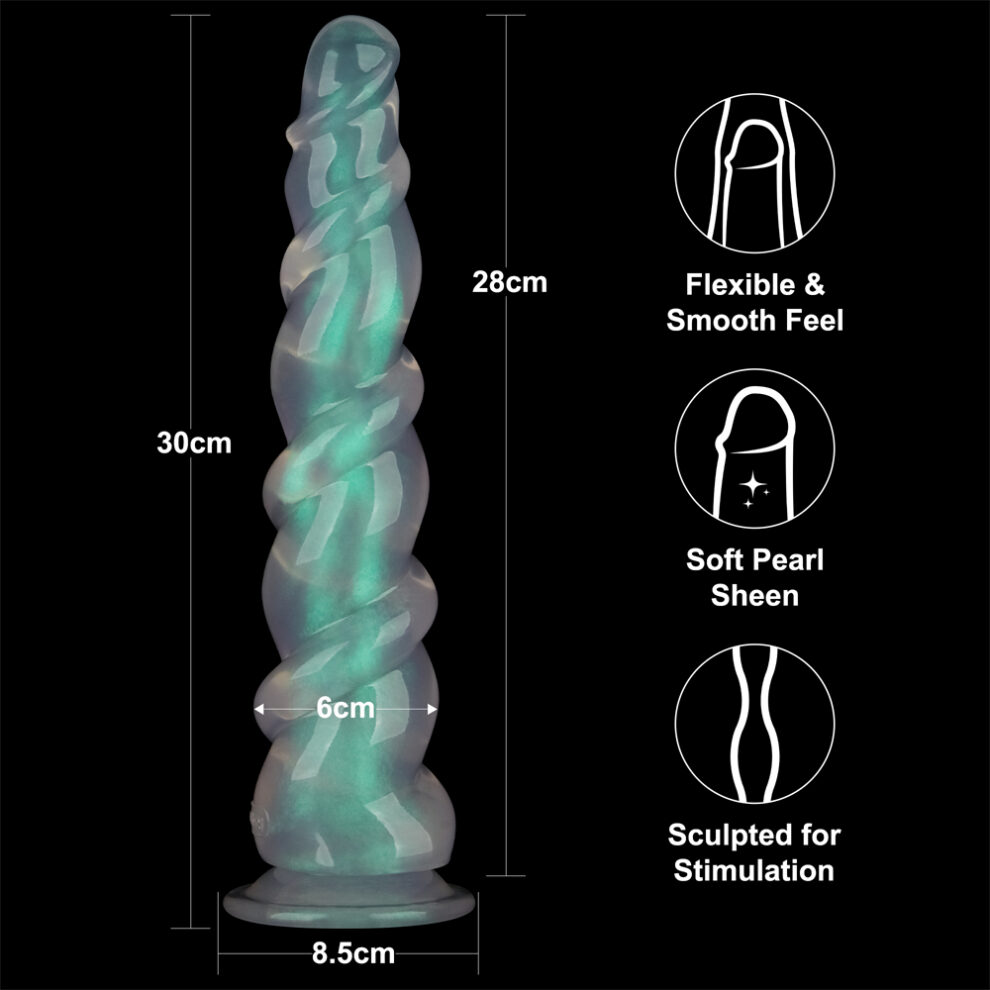 Twisted teal dildo, 30 cm long, 6 cm diameter, 8.5 cm base; flexible, smooth feel with a soft pearl sheen, sculpted for stimulation.