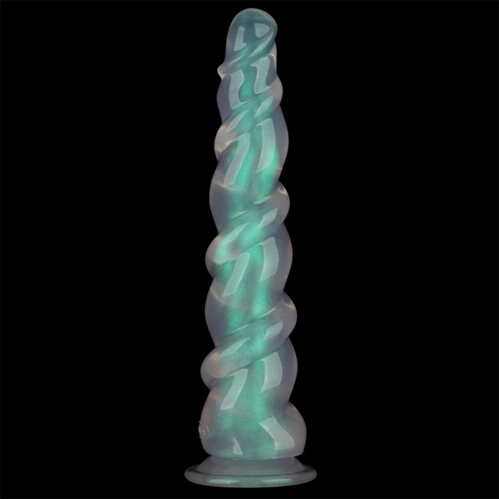 Teal and purple twisted glass dildo standing upright on a circular base against a black background