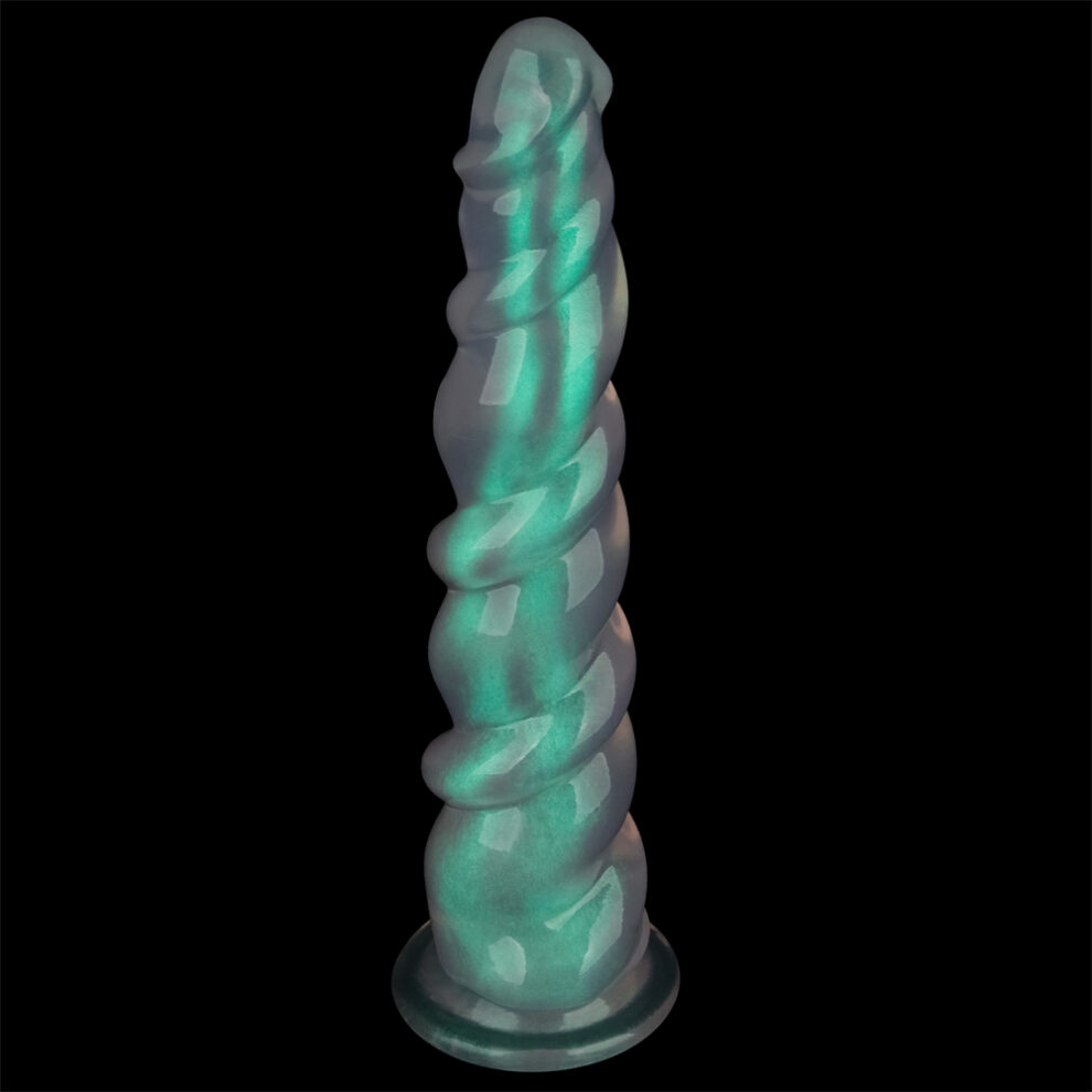 Green twisted spiral dildo standing upright on a black background.