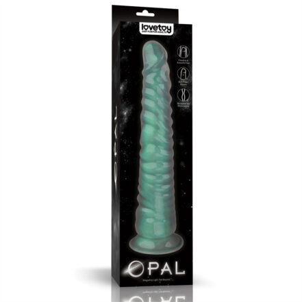 Teal, spiral-shaped adult toy packaged in a black box with 'OPAL' branding at the bottom center.