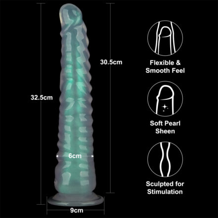 Blue-green silicone dildo, 32.5 cm tall with a 6 cm diameter and a 9 cm base; flexible, smooth feel with a pearly sheen.