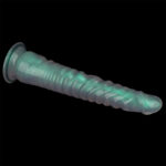Translucent teal ribbed dildo shown diagonally on a black background.
