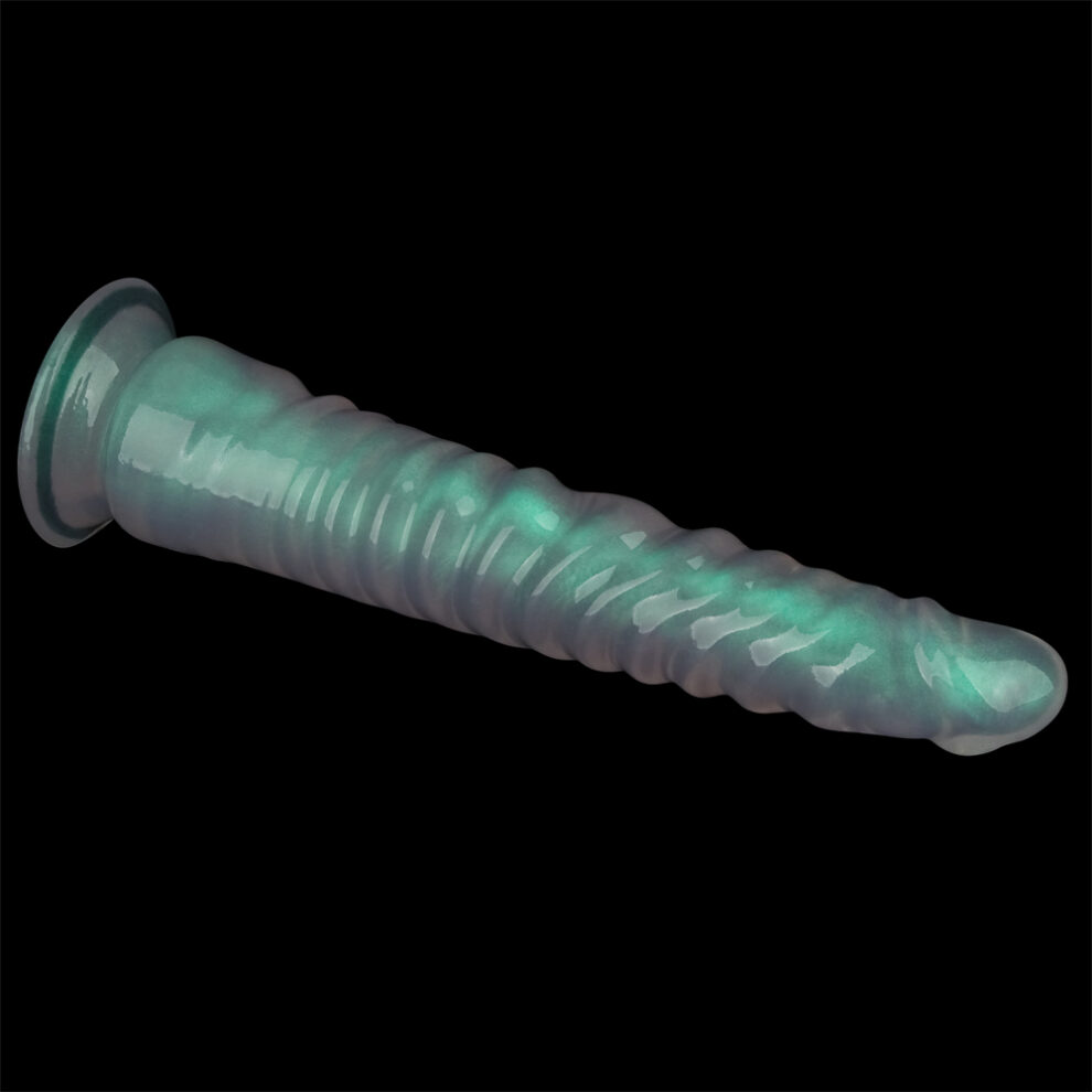Translucent teal ribbed dildo shown diagonally on a black background.