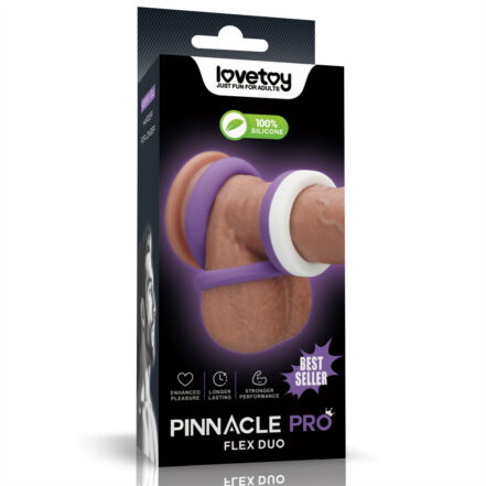 Packaging for Lovetoy Pinnacle Pro Flex Duo adult sex toy with purple rings and a 100% silicone label, plus a Best Seller badge.