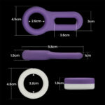 Purple silicone sex toy set with measurement marks showing overall length (9.8 cm) and component sizes; includes ring-like and plug-shaped pieces on a black background, for size reference.