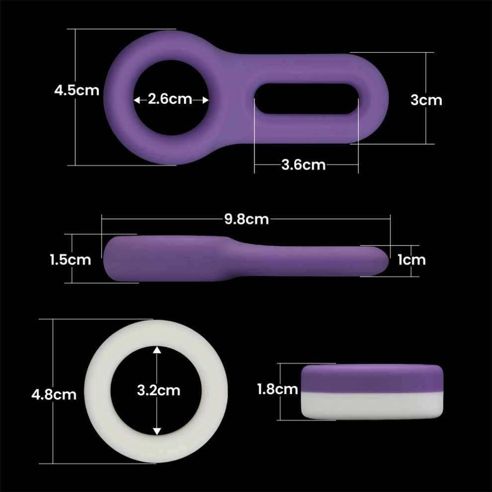 Purple silicone sex toy set with measurement marks showing overall length (9.8 cm) and component sizes; includes ring-like and plug-shaped pieces on a black background, for size reference.