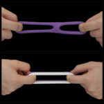 Two hands pull apart a purple double-loop silicone fidget toy, stretched horizontally against a black background (top panel).