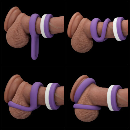 Four-panel image showing a penis wearing purple cock rings with a white ring, in different wrapping configurations against a black background