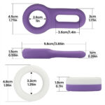 Diagram of a purple silicone sex toy set (ring with a circular hole, a connected hollow end, and a separate slim piece) plus a white ring and a purple-tibered cap, with dimensions labeled in cm and inches.