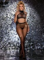 Glamorous woman in a black fishnet crop top and metallic tights poses against a glittery disco backdrop with mirrors and lights.