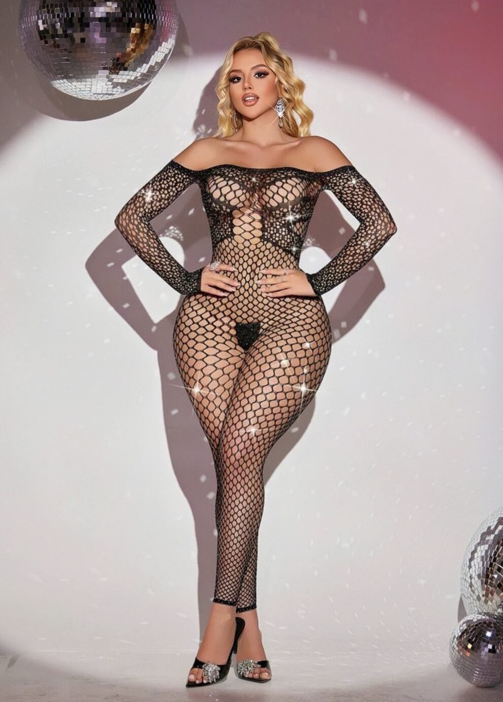 Woman posing in a black fishnet bodysuit with off-the-shoulder neckline and high heels in a disco-themed studio scene.