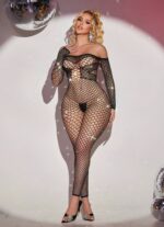 Woman in a black fishnet bodysuit with off-the-shoulder neckline, standing in a disco-themed backdrop with a large disco ball.