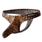 Leopard-print men's thong with a narrow waistband and contoured pouch, labeled JOCKMAIL.