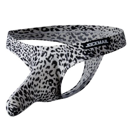 Leopard-print men's jockstrap with a branded waistband reading JOCKMAIL.