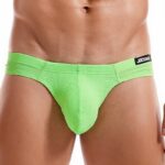 Bright lime green men's briefs with a black JOCKMAIL waistband logo, shown from the front on a model's torso.