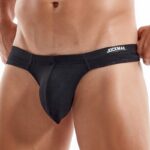 Male torso wearing black textured thong underwear with a branded waistband that reads JOCKMAIL.