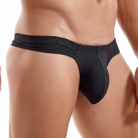 Close-up of a man wearing black men's thong underwear, shown from the back with a white background for product display