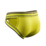 Bright yellow high-visibility men's brief underwear with gray stripes on the waistband and leg openings.