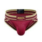 Red jockstrap with lime-green striped waistband and brand label 'JOCKMAIL' at the front