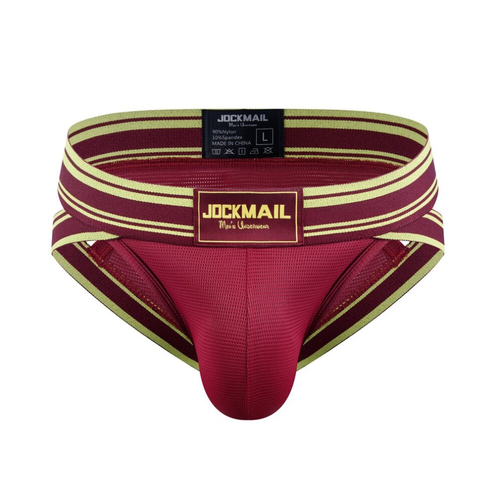 Red jockstrap with lime-green striped waistband and brand label 'JOCKMAIL' at the front