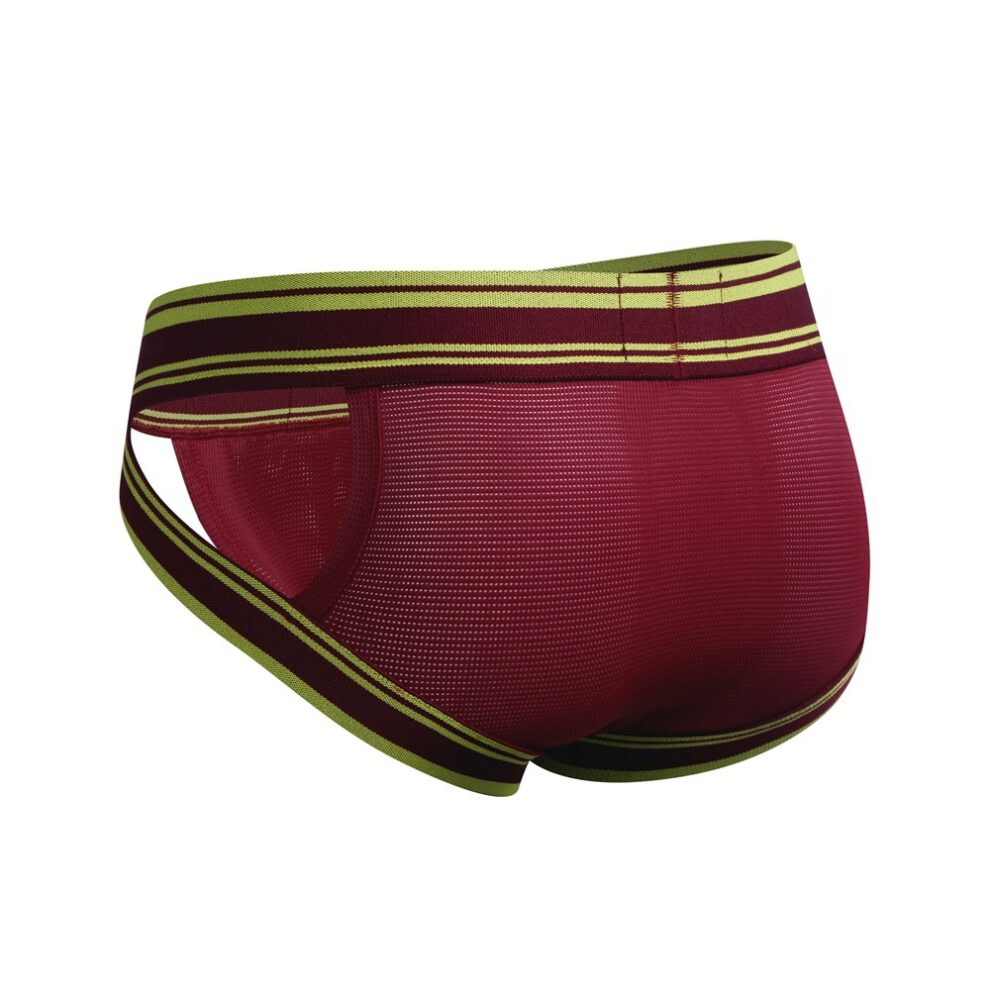 Back view of maroon mesh briefs with a striped green-yellow waistband on a white background.