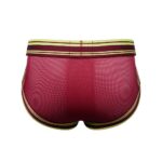 Back view of maroon athletic shorts with lime-yellow waistband trim and piping along the edges.