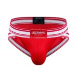 Red jockstrap underwear with a white striped waistband and front pouch, brand label visible in the center.