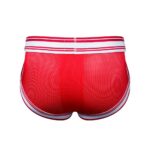 Back view of red mesh athletic briefs with a white striped waistband.