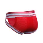 Red underwear/briefs with white striped waistband shown from back, mesh fabric and red trim visible